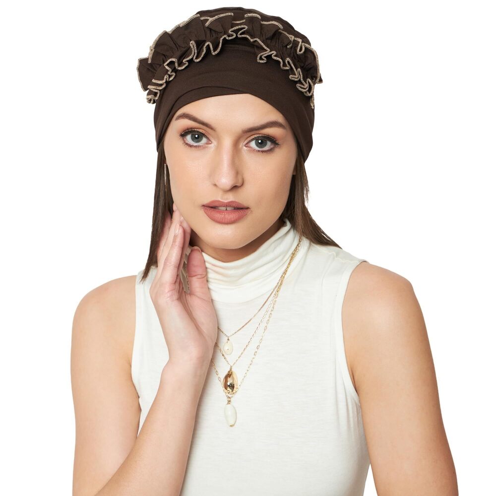 3936 Chemo Ruffle Cap for Cancer Hair Loss Silky Soft Bamboo Headwear Brown